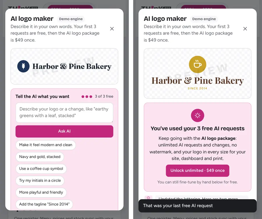 The AI logo maker creating a logo for Harbor & Pine Bakery on a phone