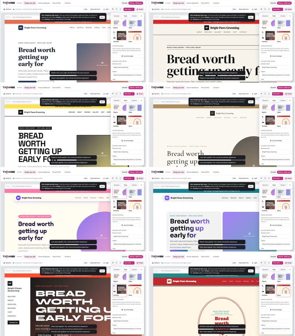 The same bakery website shown in all 8 Think Web Pros styles